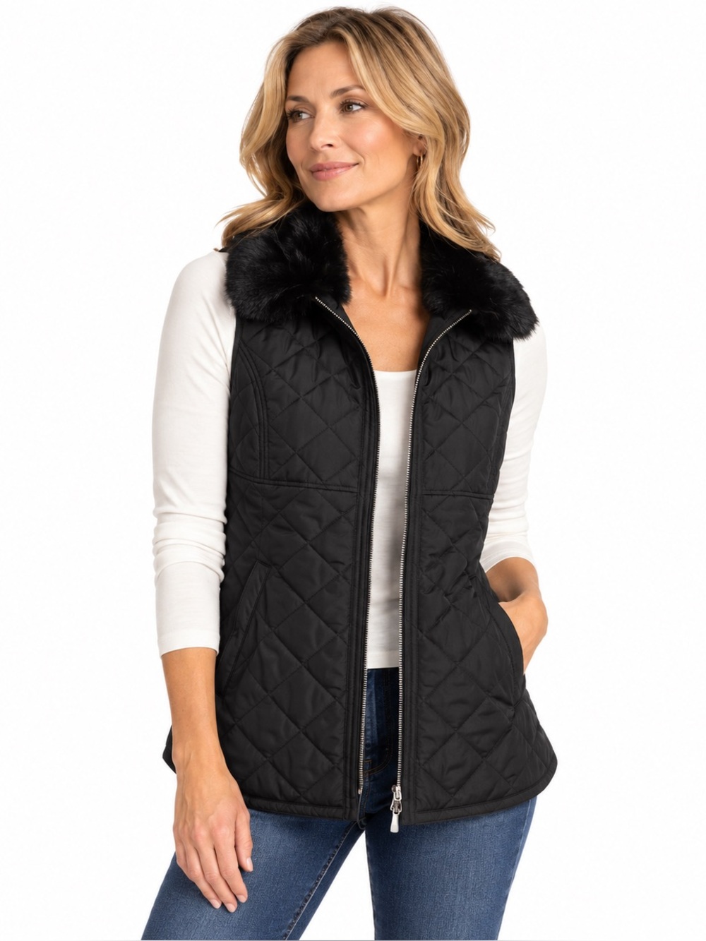 Chico’s Black Quilted Faux Fur Collar Vest Size 0 / US Small 4